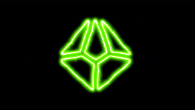 The appearance of the green neon symbol dice d10. Flicker, In - Out. Alpha channel Premultiplied - Matted with color black