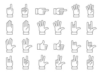Hands vector line icons set. Hand gestures, signals. Editable stroke.