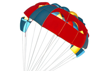 multi-colored blue red yellow color of an isolated parachute with slings with strong ropes, the...