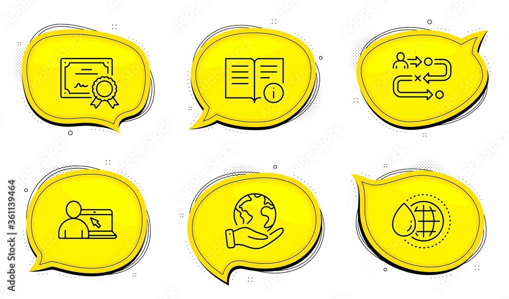 Poster journey path sign. diploma certificate, save planet chat bubbles. online education, world water and 