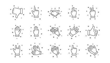 Handshake, Clapping hands, Victory. Hand gestures line icons. Horns, Thumb up finger, drag and drop icons. Donation hand gestures, click, helping hand. Linear set. Geometric elements. Vector