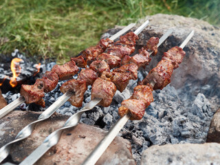 Cooking kebabs on an open fire. Food in nature.