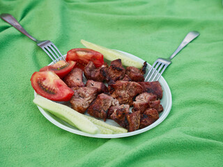 Cooking kebabs on an open fire. Food in nature.