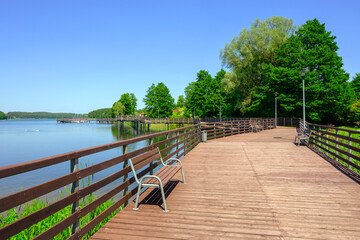 Wooden pier on the Radunskie lake in Stezyca. Kashubia, Poland