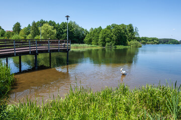 Wooden pier on the Radunskie lake in Stezyca. Kashubia, Poland