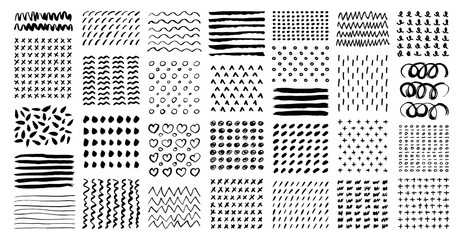 A large set of hand-drawn patterns. Materials - ink, watercolor, pencil, felt-tip pen. Abstract spots, dashes, dots, circles, crosses and waves on a white background. - obrazy, fototapety, plakaty