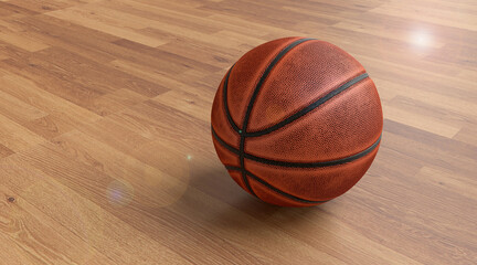 Old basketball on the hardwood floor in the hall. 3D illustration.