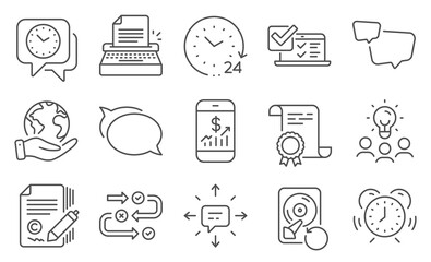 Set of Education icons, such as Online survey, Sms. Diploma, ideas, save planet. Mobile finance, 24 hours, Recovery hdd. Typewriter, Copywriting, Speech bubble. Vector