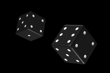 Dice in flight on a black background 3d rendering