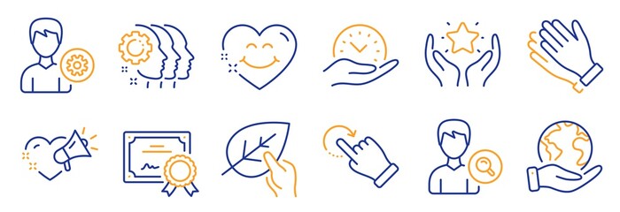 Set of People icons, such as Smile face, Employees teamwork. Certificate, save planet. Ranking, Support, Safe time. Search people, Rotation gesture, Love message. Vector