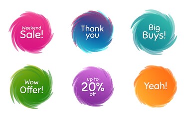 Swirl motion circles. Weekend sale, 20% discount and wow offer. Thank you phrase. Sale shopping text. Twisting bubbles with phrases. Spiral texting boxes. Big buys slogan. Vector