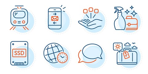 Mail, Consolidation and Travel luggage signs. Time zone, Ssd and Messenger line icons set. Cleanser spray, Train symbols. World clock, Solid-state drive. Business set. Outline icons set. Vector
