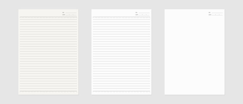 Notebook paper set. Sheet of lined paper template. Mockup isolated. Template design. Realistic vector illustration.