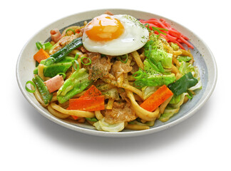 yaki udon , a kind of  japanese udon noodle dish, pan fried udon noodles with meat and vegetables