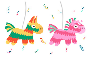 Unicorn pinata and donkey pinata. Cartoon vector illustration isolated on white background.