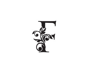 Vintage Letter F Logo. Classic F Letter Design Vector with Black Color and Floral Hand Drawn.