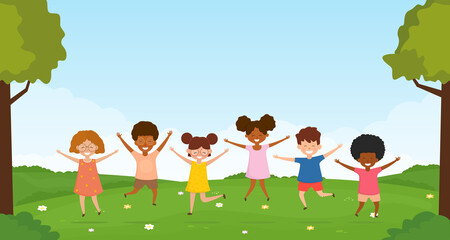 Obraz na płótnie Canvas Group of happy jumping children. Little kids having fun together in nature. Funny cartoon character. Vector illustration.