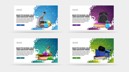 Back to school sale and discount week, large collection white discount banners for your business with buttons, abstract shapes, microscope, telescope, backpack, books and chemical flasks