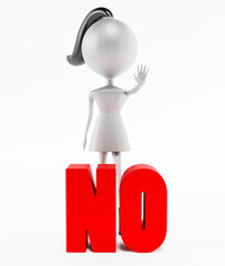 3D character standing behind NO block letters