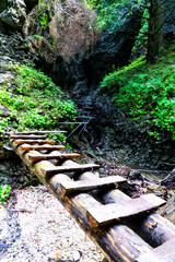 Slovak Paradise National Park, Slovakia. The trail goes on river bed among fallen trees and on...