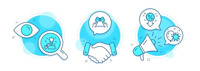 Creative idea, Balloon dart and Discount line icons set. Handshake deal, research and promotion complex icons. Give present sign. Present box, Attraction park, Sale shopping. Receive a gift. Vector