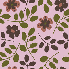 Vector seamless pattern with abstract flowers and branches. Nature organic deisgn concept in soft tones.