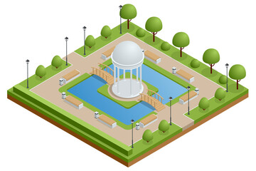 Isometric city park with a lake and a gazebo in the center. Urban green garden for walks, rest, relax.