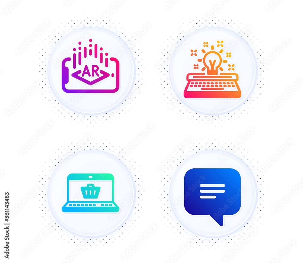 Poster augmented reality, typewriter and online shopping icons simple set. button with halftone dots. text 