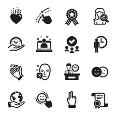 Set of People icons, such as Best manager, Heart. Certificate, approved group, save planet. Waiting, Smile, Face declined. Presentation time, Clapping hands, Safe time. Vector