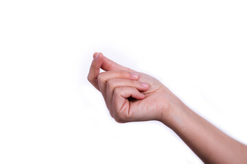 Female hand close up on a white background