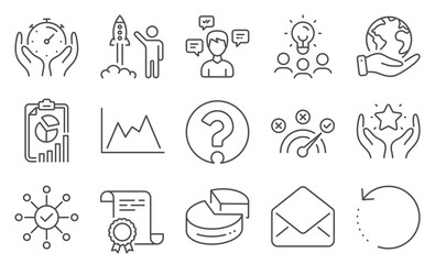 Set of Education icons, such as Mail, Report. Diploma, ideas, save planet. Launch project, Question mark, Ranking. Correct answer, Conversation messages, Pie chart. Vector