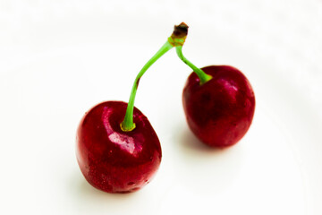 two isolated red ripe and sweet cherries.copy space