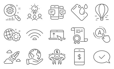 Set of Technology icons, such as Ab testing, Swipe up. Diploma, ideas, save planet. Smartphone payment, Wifi, Smartphone sms. Approved message, Seo gear, Air balloon. Vector