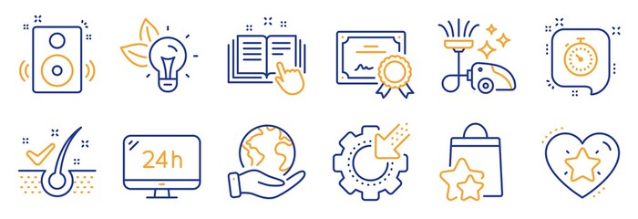 Set of Technology icons, such as Speakers, 24h service. Certificate, save planet. Vacuum cleaner, Loyalty points, Seo gear. Ranking star, Timer, Anti-dandruff flakes. Vector