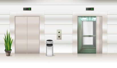 Contemporary passenger or cargo elevators with open and closed doors 3D design. Modern metallic lifts in empty hall realistic vector illustration