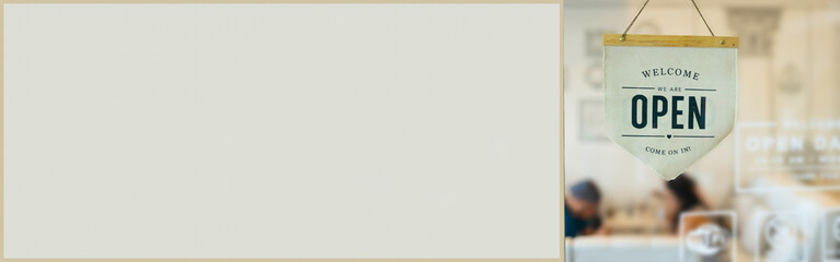 local business coffee shop and restaurant hanging open and welcome notice after lockdown