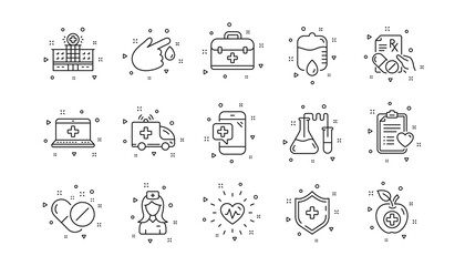 Hospital assistance, Health food diet and Laboratory. Medical line icons. Chemistry linear icon set. Geometric elements. Quality signs set. Vector
