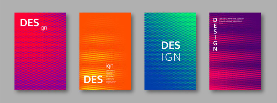 Minimal cover design. Spotted geometric patterns. Purple, orange, blue and green colorful halftone gradient effect. Vector template.