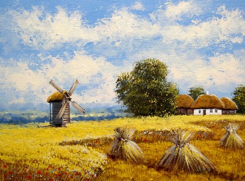 Oil paintings landscape, fine art, old windmill in the field
