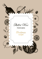Vector illustration label for packaging organic mulled wine condiment or recipe, menu. Ingredients for hot Christmas wine, hand-drawn in an old style for packing dried fruits and spices.