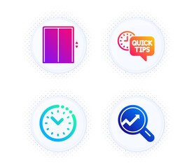 Quick tips, Time management and Lift icons simple set. Button with halftone dots. Analytics sign. Helpful tricks, Office clock, Elevator. Audit analysis. Technology set. Vector
