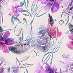 Floral Seamless Pattern. Watercolor Background with Flowers and Leaves. Hand Painted Illustration.