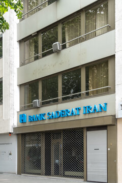 Frankfurt am Main, Germany - June 27, 2020: Bank Saderat Iran branch. BSI is an Iranian multinational banking and financial services company
