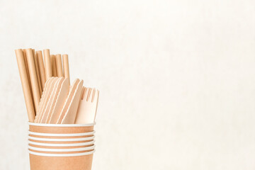 Eco concept of zero waste and no plastic. Disposable paper travel utensils, copy space
