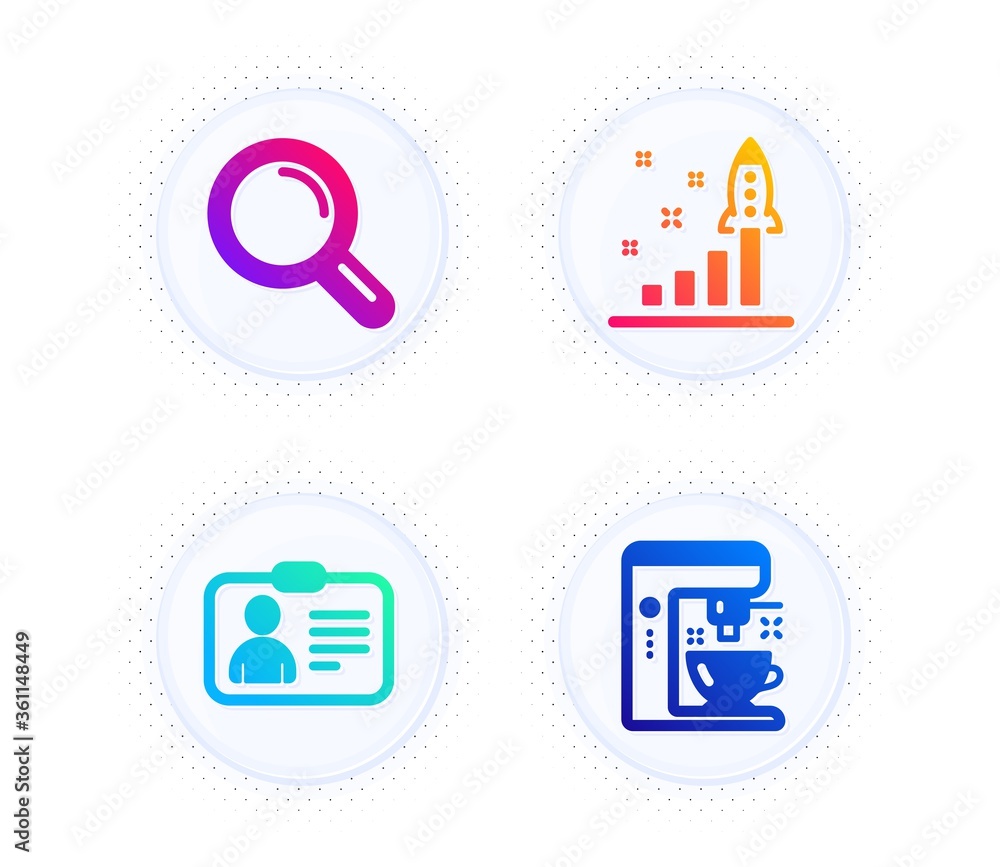 Poster development plan, research and id card icons simple set. button with halftone dots. coffee maker sig
