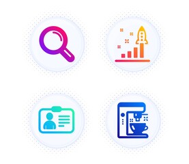 Development plan, Research and Id card icons simple set. Button with halftone dots. Coffee maker sign. Strategy, Magnifying glass, Human document. Tea machine. Technology set. Vector