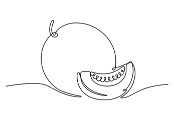 Сontinuous one line drawing of whole and sliced melon for fruit garden icon. Organic fruitage concept for orchard logo identity. Modern trendy single line draw design vector illustration