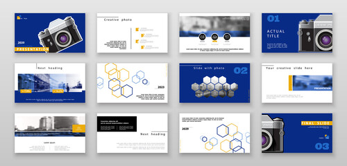 Template for presentation of photos from the camera. Blue, yellow design elements on white background. Business infographic. Use in leaflet, flyer, corporate report, marketing, banner, annual report
