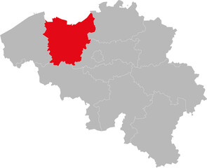 East Flanders province isolated on belgium map. Gray background. Backgrounds and wallpapers.