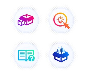 Help, Packing boxes and Energy icons simple set. Button with halftone dots. Open box sign. Documentation, Delivery package, Turn on the light. Industrial set. Gradient flat help icon. Vector